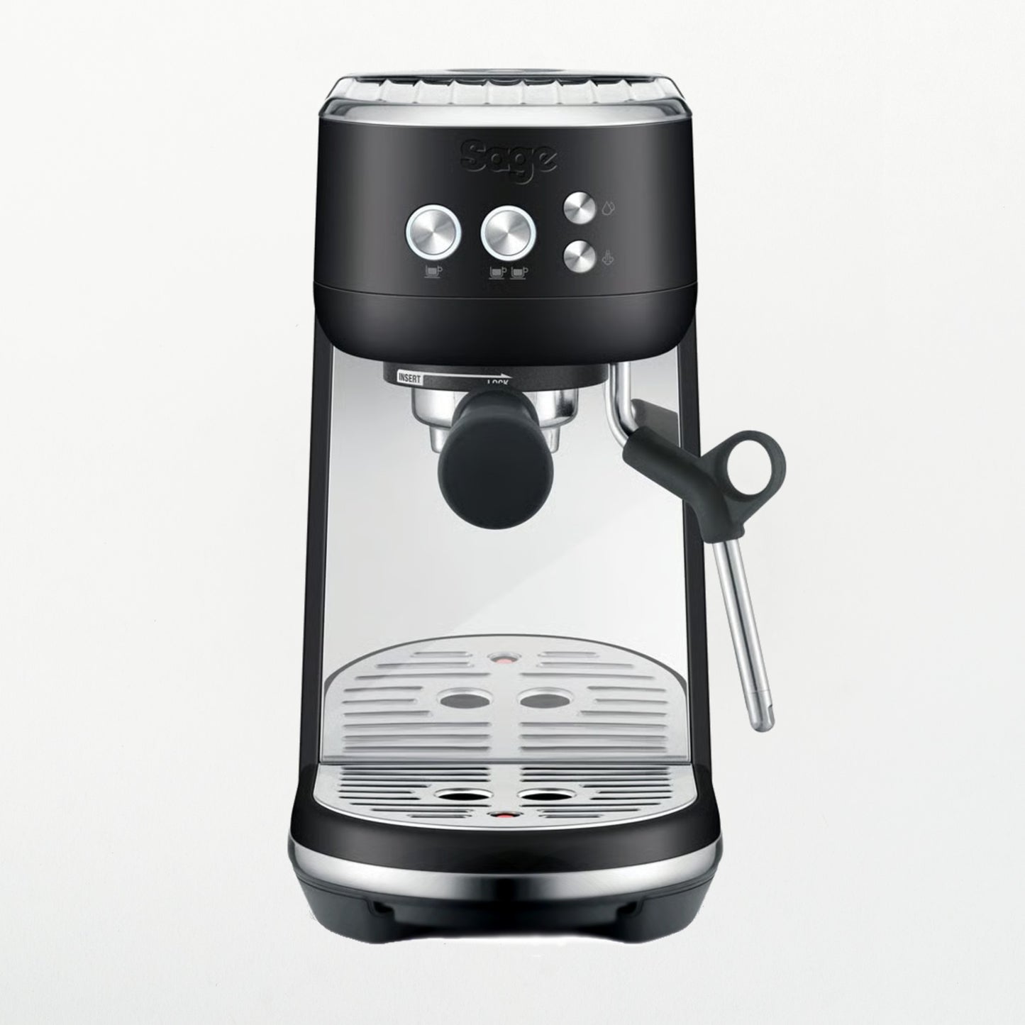 Black coffee machine with clear glass front on a white background