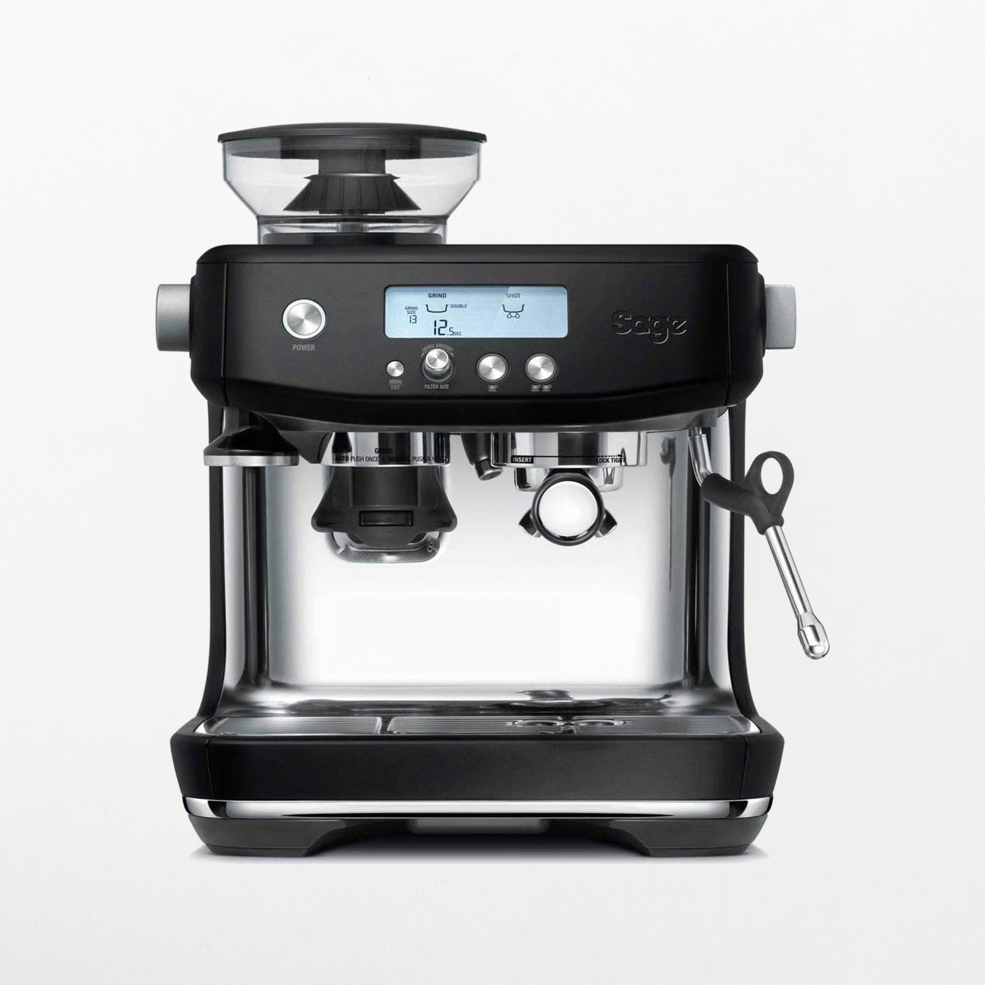 Black coffee machine with digital display on a white background
