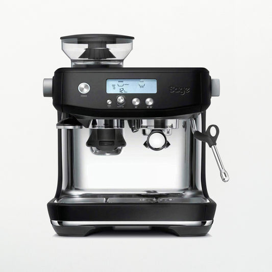 Black coffee machine with digital display on a white background