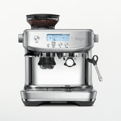 Sage espresso machine with a clear glass front on a white background