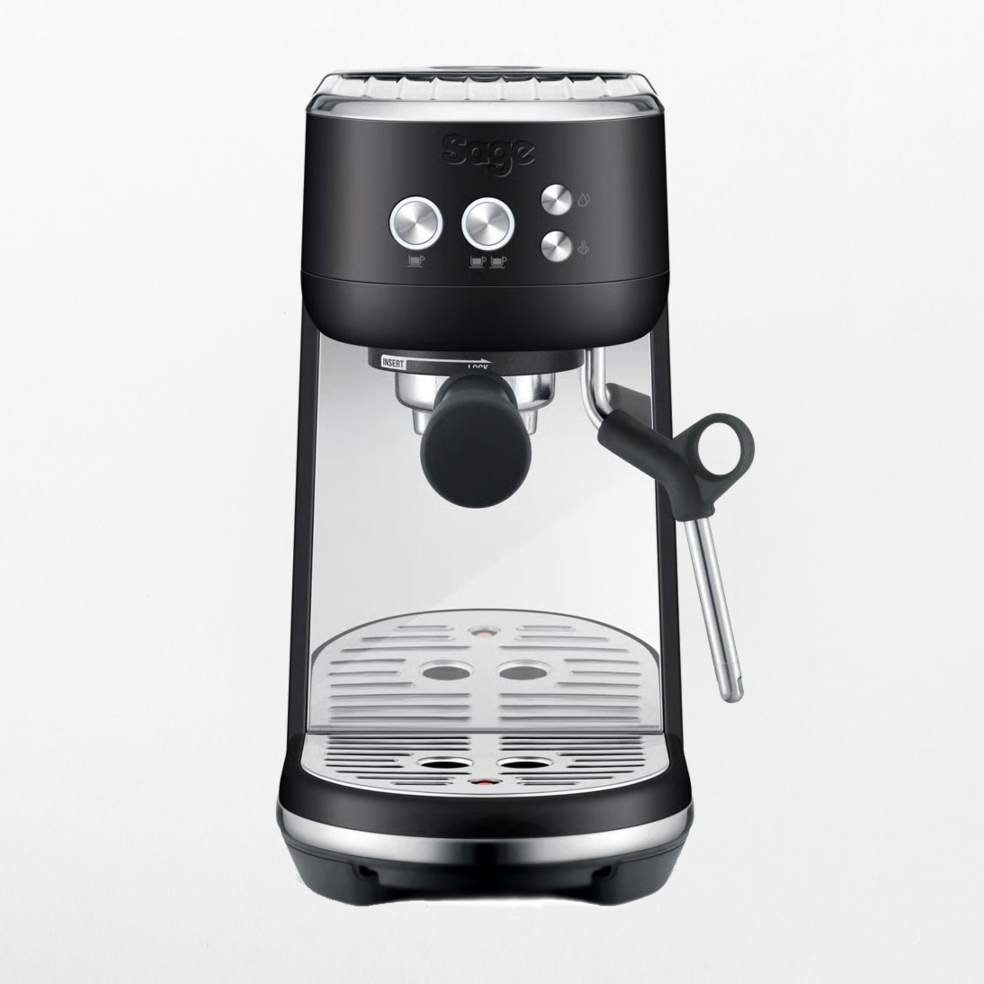 Black coffee machine with clear glass front on a white background