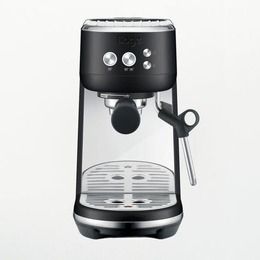 Black coffee machine with clear glass front on a white background