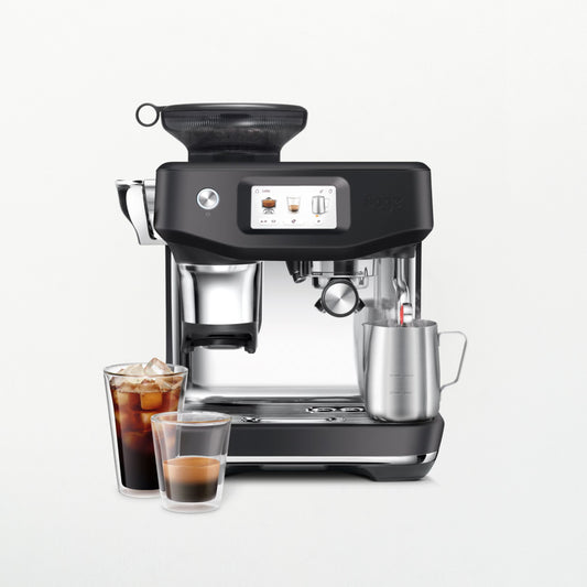 Coffee machine with two glasses of coffee on a white background